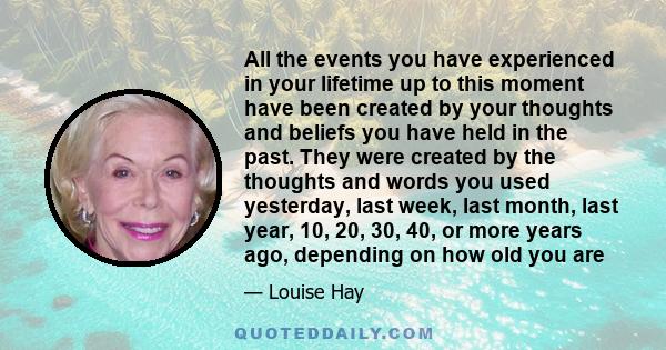 All the events you have experienced in your lifetime up to this moment have been created by your thoughts and beliefs you have held in the past. They were created by the thoughts and words you used yesterday, last week, 