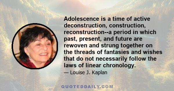 Adolescence is a time of active deconstruction, construction, reconstruction--a period in which past, present, and future are rewoven and strung together on the threads of fantasies and wishes that do not necessarily