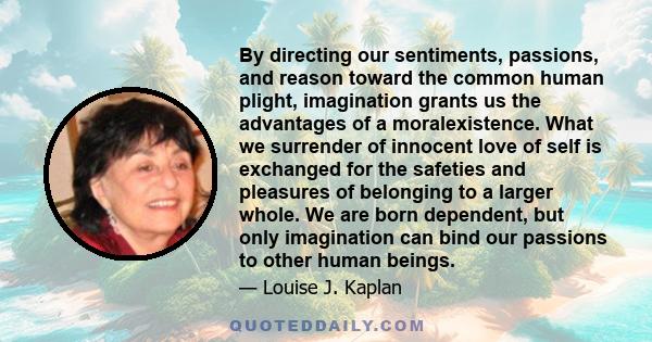 By directing our sentiments, passions, and reason toward the common human plight, imagination grants us the advantages of a moralexistence. What we surrender of innocent love of self is exchanged for the safeties and