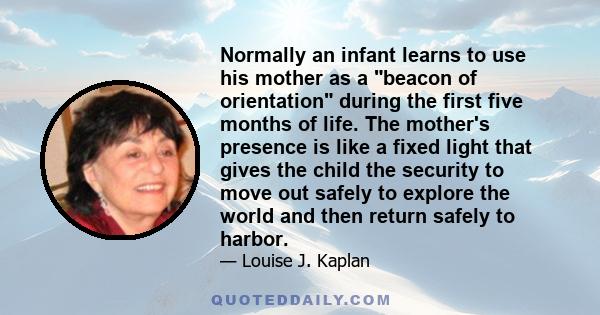 Normally an infant learns to use his mother as a beacon of orientation during the first five months of life. The mother's presence is like a fixed light that gives the child the security to move out safely to explore