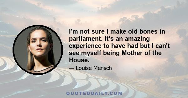 I'm not sure I make old bones in parliament. It's an amazing experience to have had but I can't see myself being Mother of the House.