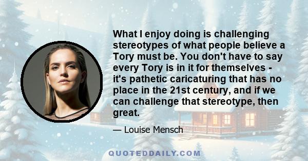 What I enjoy doing is challenging stereotypes of what people believe a Tory must be. You don't have to say every Tory is in it for themselves - it's pathetic caricaturing that has no place in the 21st century, and if we 