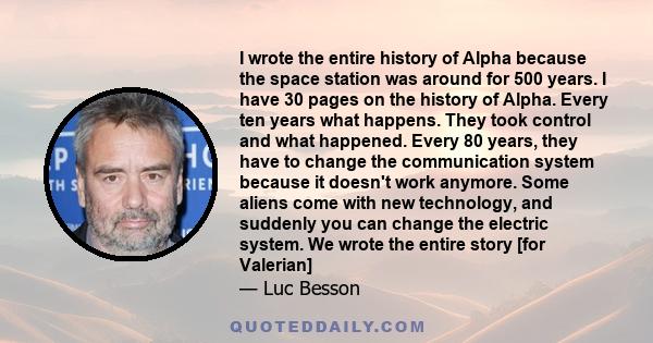 I wrote the entire history of Alpha because the space station was around for 500 years. I have 30 pages on the history of Alpha. Every ten years what happens. They took control and what happened. Every 80 years, they