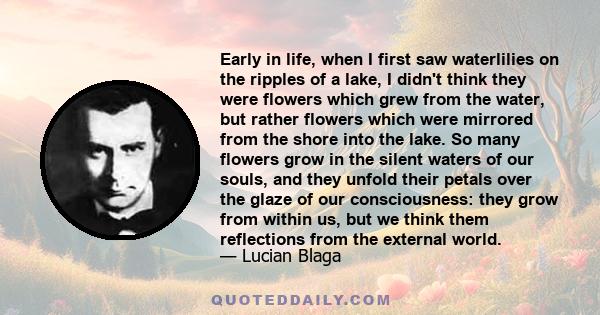 Early in life, when I first saw waterlilies on the ripples of a lake, I didn't think they were flowers which grew from the water, but rather flowers which were mirrored from the shore into the lake. So many flowers grow 