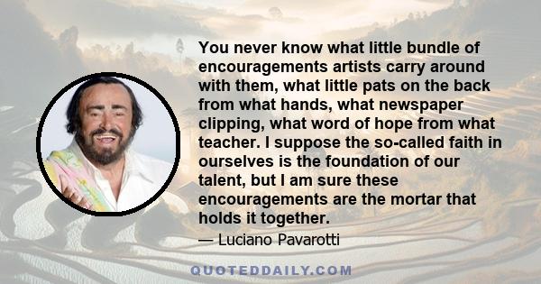 You never know what little bundle of encouragements artists carry around with them, what little pats on the back from what hands, what newspaper clipping, what word of hope from what teacher. I suppose the so-called