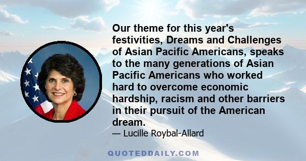 Our theme for this year's festivities, Dreams and Challenges of Asian Pacific Americans, speaks to the many generations of Asian Pacific Americans who worked hard to overcome economic hardship, racism and other barriers 