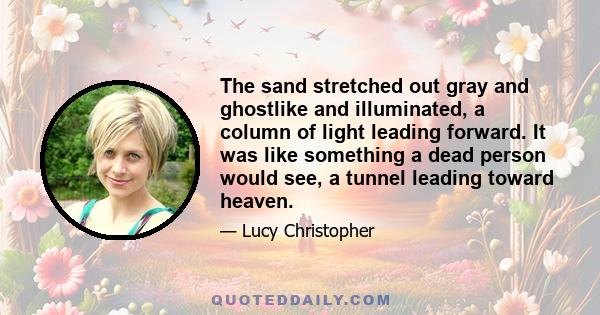 The sand stretched out gray and ghostlike and illuminated, a column of light leading forward. It was like something a dead person would see, a tunnel leading toward heaven.