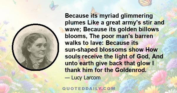 Because its myriad glimmering plumes Like a great army's stir and wave; Because its golden billows blooms, The poor man's barren walks to lave: Because its sun-shaped blossoms show How souls receive the light of God,