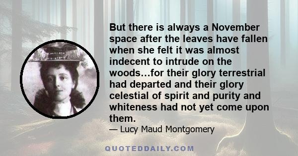 But there is always a November space after the leaves have fallen when she felt it was almost indecent to intrude on the woods…for their glory terrestrial had departed and their glory celestial of spirit and purity and