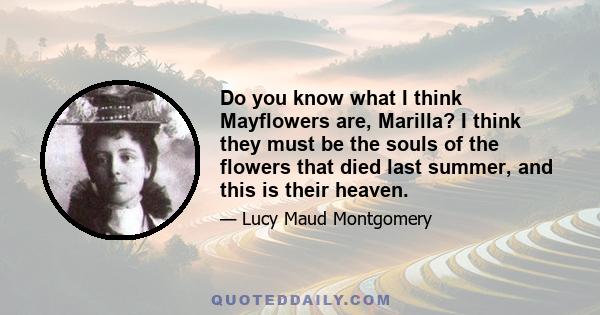 Do you know what I think Mayflowers are, Marilla? I think they must be the souls of the flowers that died last summer, and this is their heaven.