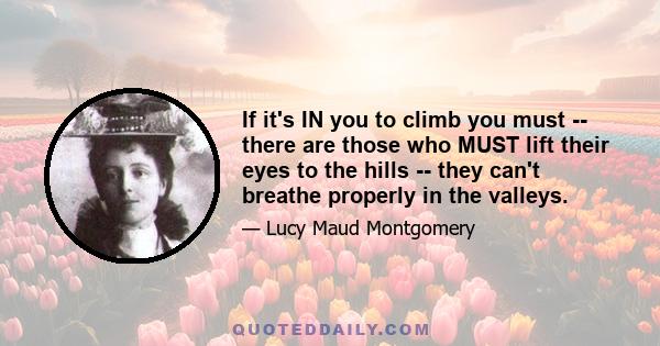 If it's IN you to climb you must -- there are those who MUST lift their eyes to the hills -- they can't breathe properly in the valleys.