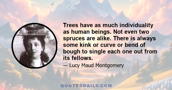 Trees have as much individuality as human beings. Not even two spruces are alike. There is always some kink or curve or bend of bough to single each one out from its fellows.