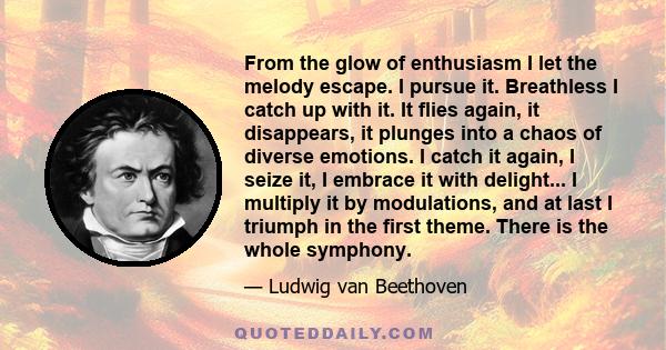 From the glow of enthusiasm I let the melody escape. I pursue it. Breathless I catch up with it. It flies again, it disappears, it plunges into a chaos of diverse emotions. I catch it again, I seize it, I embrace it