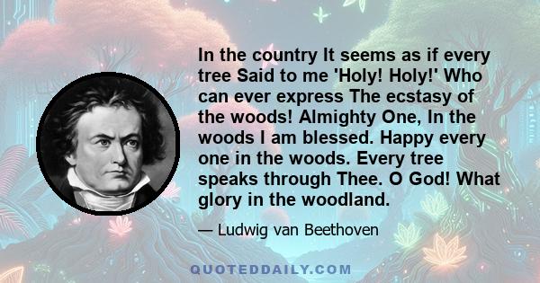 In the country It seems as if every tree Said to me 'Holy! Holy!' Who can ever express The ecstasy of the woods! Almighty One, In the woods I am blessed. Happy every one in the woods. Every tree speaks through Thee. O