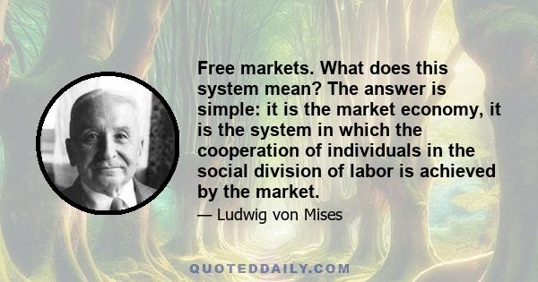 Free markets. What does this system mean? The answer is simple: it is the market economy, it is the system in which the cooperation of individuals in the social division of labor is achieved by the market.