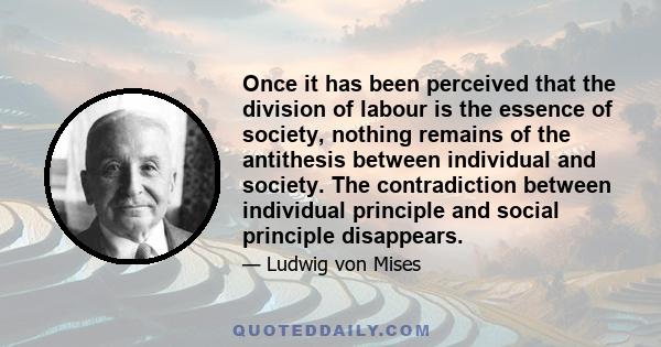 Once it has been perceived that the division of labour is the essence of society, nothing remains of the antithesis between individual and society. The contradiction between individual principle and social principle