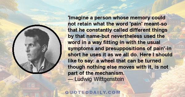 'Imagine a person whose memory could not retain what the word 'pain' meant-so that he constantly called different things by that name-but nevertheless used the word in a way fitting in with the usual symptoms and