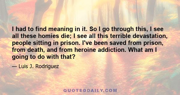 I had to find meaning in it. So I go through this, I see all these homies die; I see all this terrible devastation, people sitting in prison. I've been saved from prison, from death, and from heroine addiction. What am