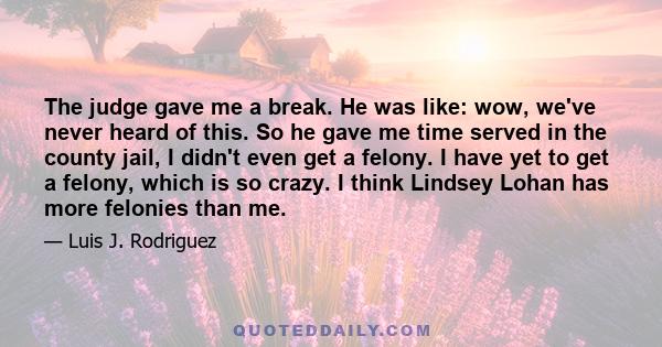 The judge gave me a break. He was like: wow, we've never heard of this. So he gave me time served in the county jail, I didn't even get a felony. I have yet to get a felony, which is so crazy. I think Lindsey Lohan has