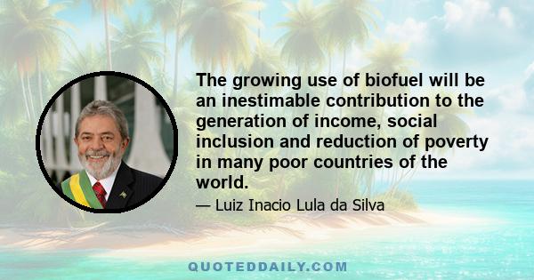 The growing use of biofuel will be an inestimable contribution to the generation of income, social inclusion and reduction of poverty in many poor countries of the world.