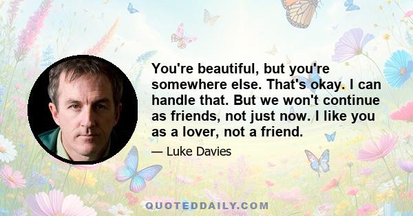 You're beautiful, but you're somewhere else. That's okay. I can handle that. But we won't continue as friends, not just now. I like you as a lover, not a friend.