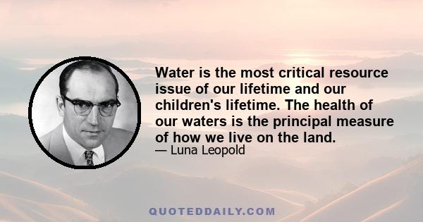 Water is the most critical resource issue of our lifetime and our children's lifetime. The health of our waters is the principal measure of how we live on the land.