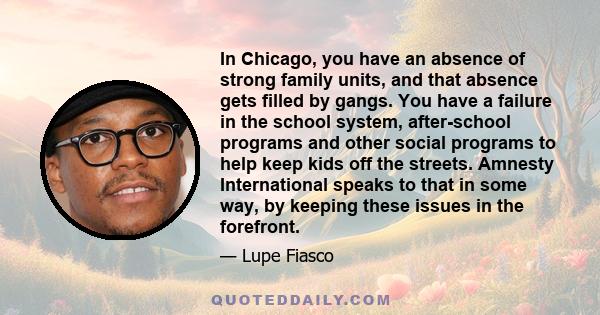 In Chicago, you have an absence of strong family units, and that absence gets filled by gangs. You have a failure in the school system, after-school programs and other social programs to help keep kids off the streets.