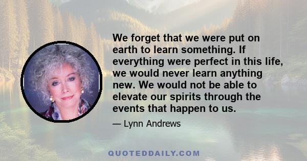 We forget that we were put on earth to learn something. If everything were perfect in this life, we would never learn anything new. We would not be able to elevate our spirits through the events that happen to us.