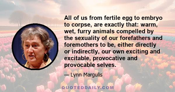 All of us from fertile egg to embryo to corpse, are exactly that: warm, wet, furry animals compelled by the sexuality of our forefathers and foremothers to be, either directly or indirectly, our own exciting and