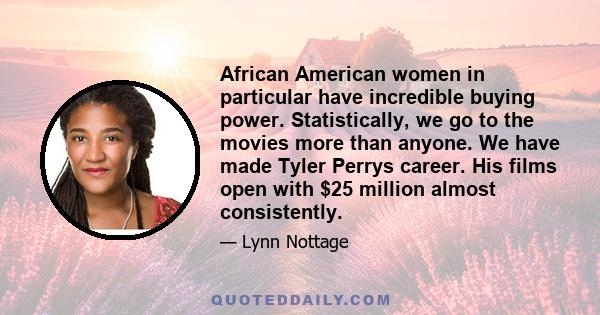 African American women in particular have incredible buying power. Statistically, we go to the movies more than anyone. We have made Tyler Perrys career. His films open with $25 million almost consistently.