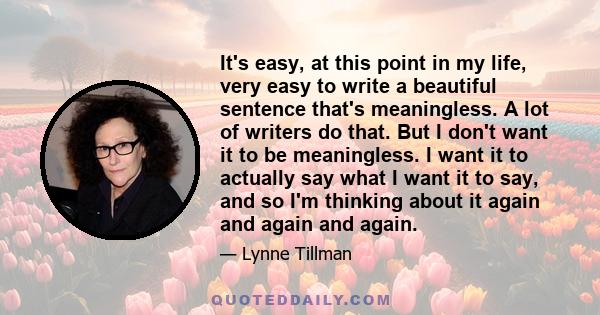 It's easy, at this point in my life, very easy to write a beautiful sentence that's meaningless. A lot of writers do that. But I don't want it to be meaningless. I want it to actually say what I want it to say, and so