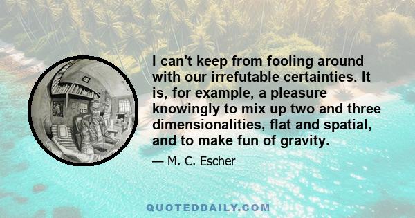 I can't keep from fooling around with our irrefutable certainties. It is, for example, a pleasure knowingly to mix up two and three dimensionalities, flat and spatial, and to make fun of gravity.