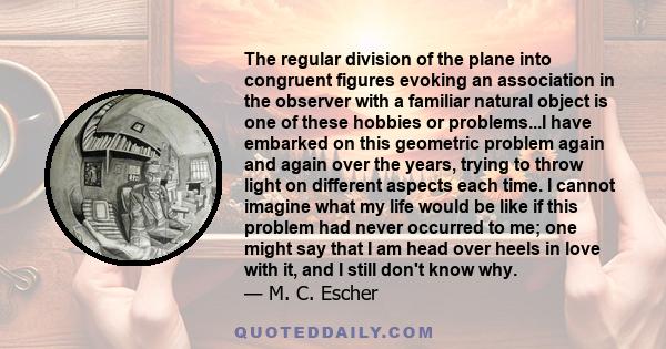 The regular division of the plane into congruent figures evoking an association in the observer with a familiar natural object is one of these hobbies or problems...I have embarked on this geometric problem again and