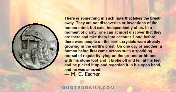 There is something in such laws that takes the breath away. They are not discoveries or inventions of the human mind, but exist independently of us. In a moment of clarity, one can at most discover that they are there