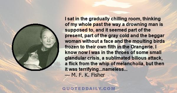 I sat in the gradually chilling room, thinking of my whole past the way a drowning man is supposed to, and it seemed part of the present, part of the gray cold and the beggar woman without a face and the moulting birds