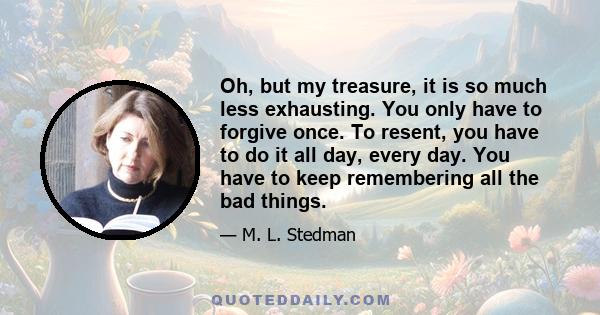 Oh, but my treasure, it is so much less exhausting. You only have to forgive once. To resent, you have to do it all day, every day. You have to keep remembering all the bad things.