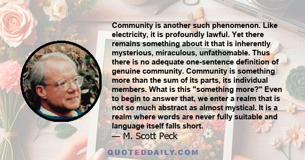 Community is another such phenomenon. Like electricity, it is profoundly lawful. Yet there remains something about it that is inherently mysterious, miraculous, unfathomable. Thus there is no adequate one-sentence