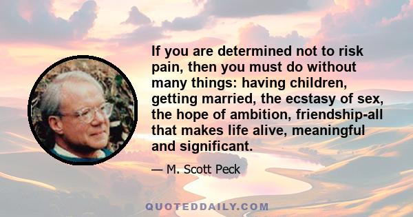 If you are determined not to risk pain, then you must do without many things: having children, getting married, the ecstasy of sex, the hope of ambition, friendship-all that makes life alive, meaningful and significant.