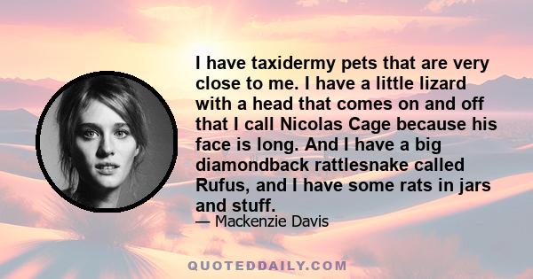 I have taxidermy pets that are very close to me. I have a little lizard with a head that comes on and off that I call Nicolas Cage because his face is long. And I have a big diamondback rattlesnake called Rufus, and I