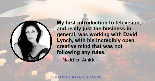 My first introduction to television, and really just the business in general, was working with David Lynch, with his incredibly open, creative mind that was not following any rules.