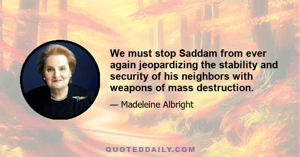 We must stop Saddam from ever again jeopardizing the stability and security of his neighbors with weapons of mass destruction.