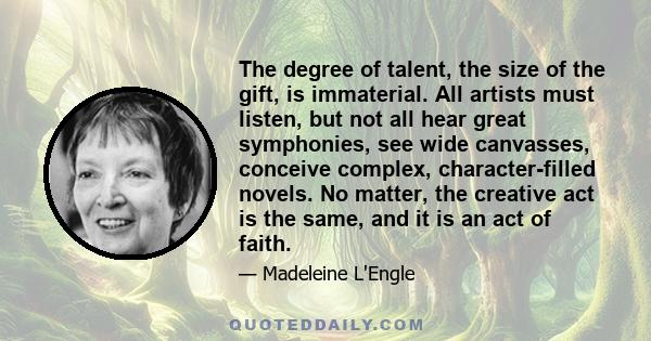 The degree of talent, the size of the gift, is immaterial. All artists must listen, but not all hear great symphonies, see wide canvasses, conceive complex, character-filled novels. No matter, the creative act is the