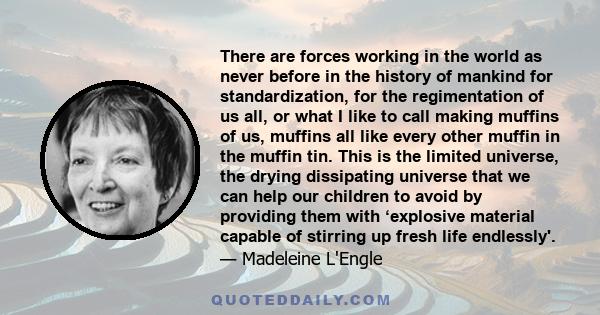 There are forces working in the world as never before in the history of mankind for standardization, for the regimentation of us all, or what I like to call making muffins of us, muffins all like every other muffin in