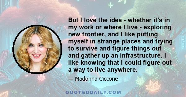 But I love the idea - whether it's in my work or where I live - exploring new frontier, and I like putting myself in strange places and trying to survive and figure things out and gather up an infrastructure. I like