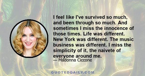 I feel like I've survived so much, and been through so much. And sometimes I miss the innocence of those times. Life was different. New York was different. The music business was different. I miss the simplicity of it,