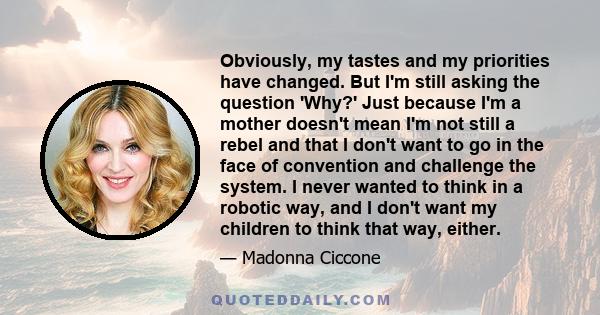 Obviously, my tastes and my priorities have changed. But I'm still asking the question 'Why?' Just because I'm a mother doesn't mean I'm not still a rebel and that I don't want to go in the face of convention and