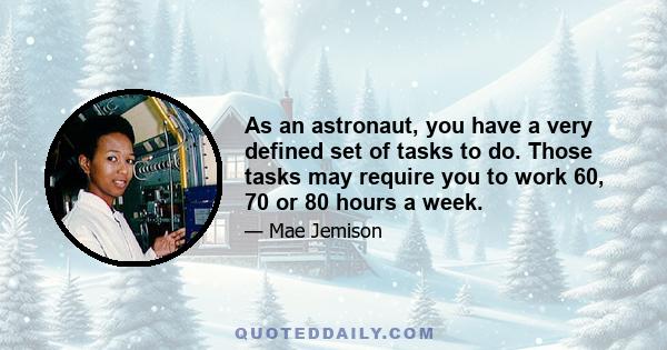 As an astronaut, you have a very defined set of tasks to do. Those tasks may require you to work 60, 70 or 80 hours a week.