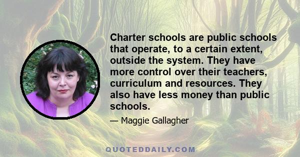 Charter schools are public schools that operate, to a certain extent, outside the system. They have more control over their teachers, curriculum and resources. They also have less money than public schools.