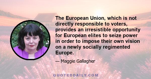 The European Union, which is not directly responsible to voters, provides an irresistible opportunity for European elites to seize power in order to impose their own vision on a newly socially regimented Europe.