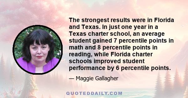 The strongest results were in Florida and Texas. In just one year in a Texas charter school, an average student gained 7 percentile points in math and 8 percentile points in reading, while Florida charter schools